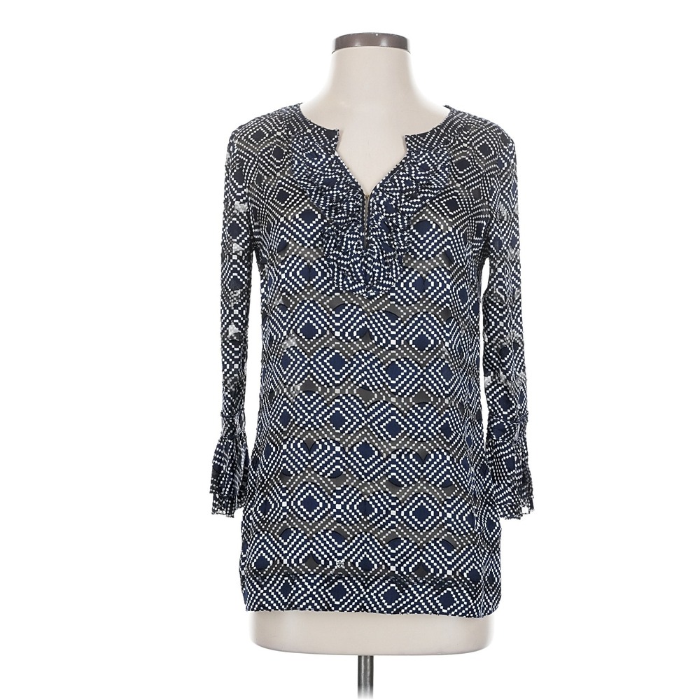 Tory Burch Tunic Women 0 Navy White Geometric Silk Blend Ruffle Split Neck